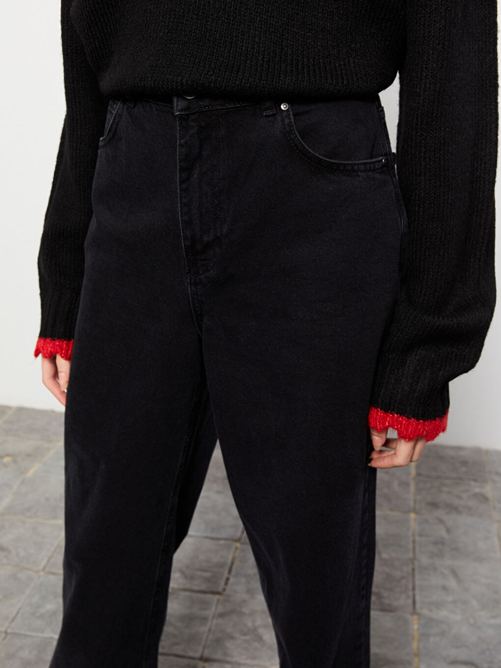 Siyah Kadın Yüksek Bel Wideleg Düz Jean Pantolon-2