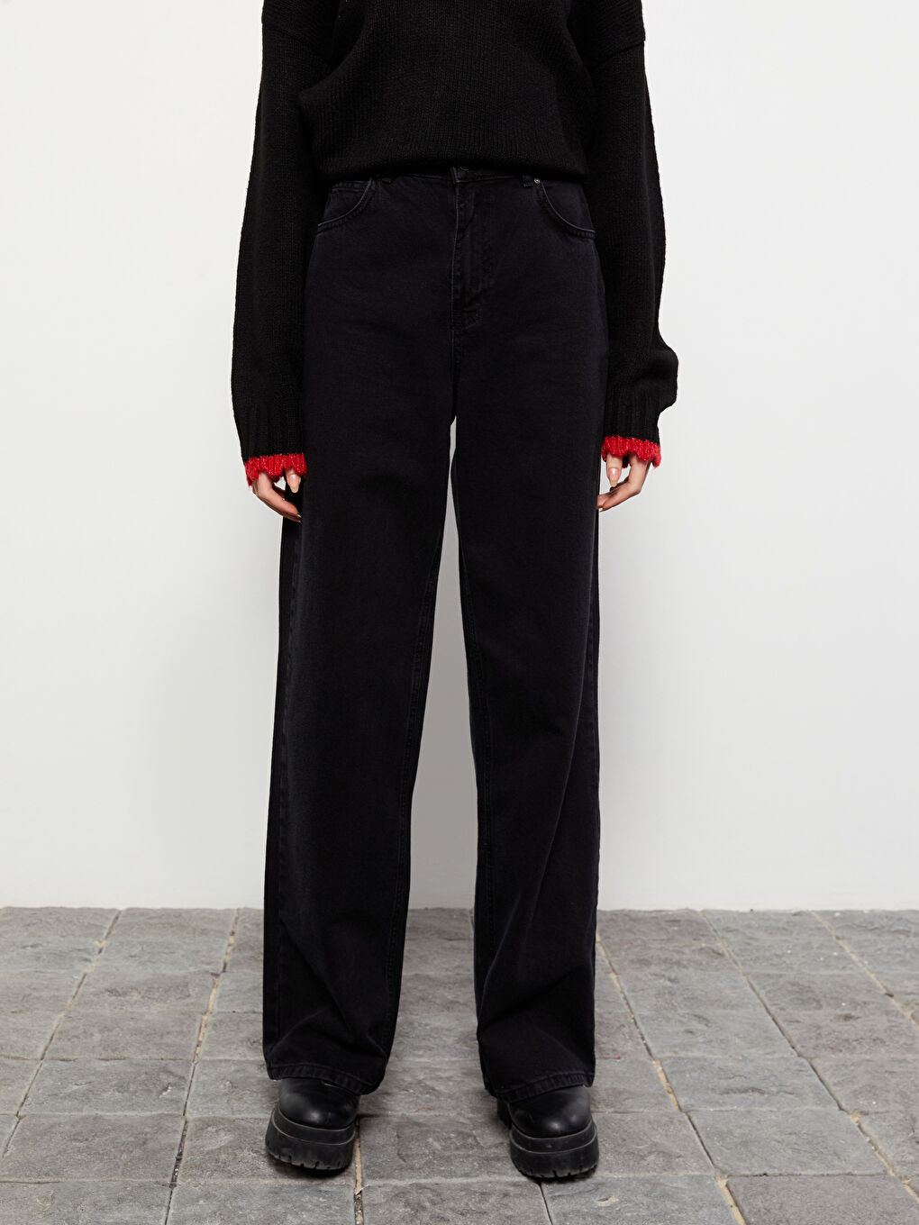 Siyah Kadın Yüksek Bel Wideleg Düz Jean Pantolon-3