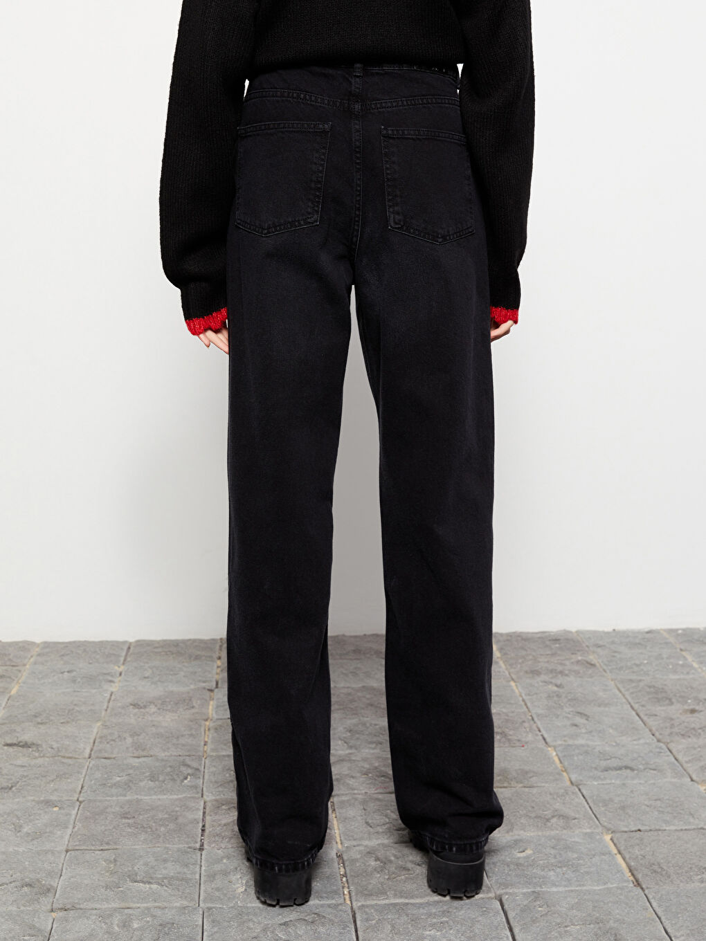 Siyah Kadın Yüksek Bel Wideleg Düz Jean Pantolon-4