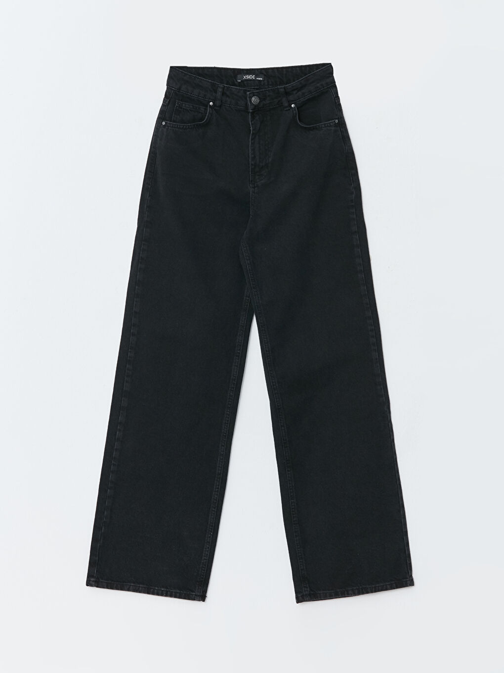 Siyah Kadın Yüksek Bel Wideleg Düz Jean Pantolon-5