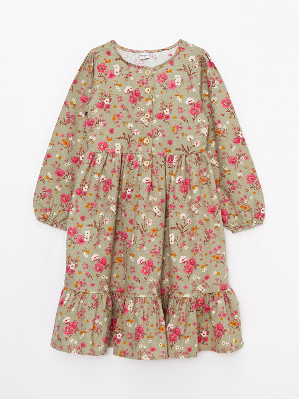 Yeşil Bisiklet Yaka Desenli Uzun Kollu Kız Çocuk Elbise