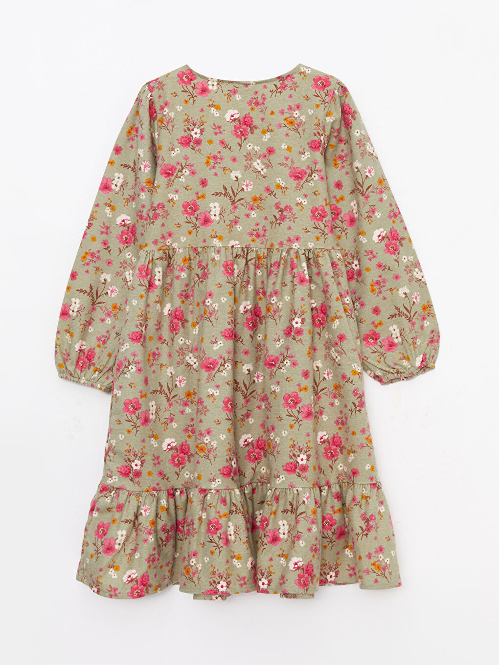 Yeşil Bisiklet Yaka Desenli Uzun Kollu Kız Çocuk Elbise-1