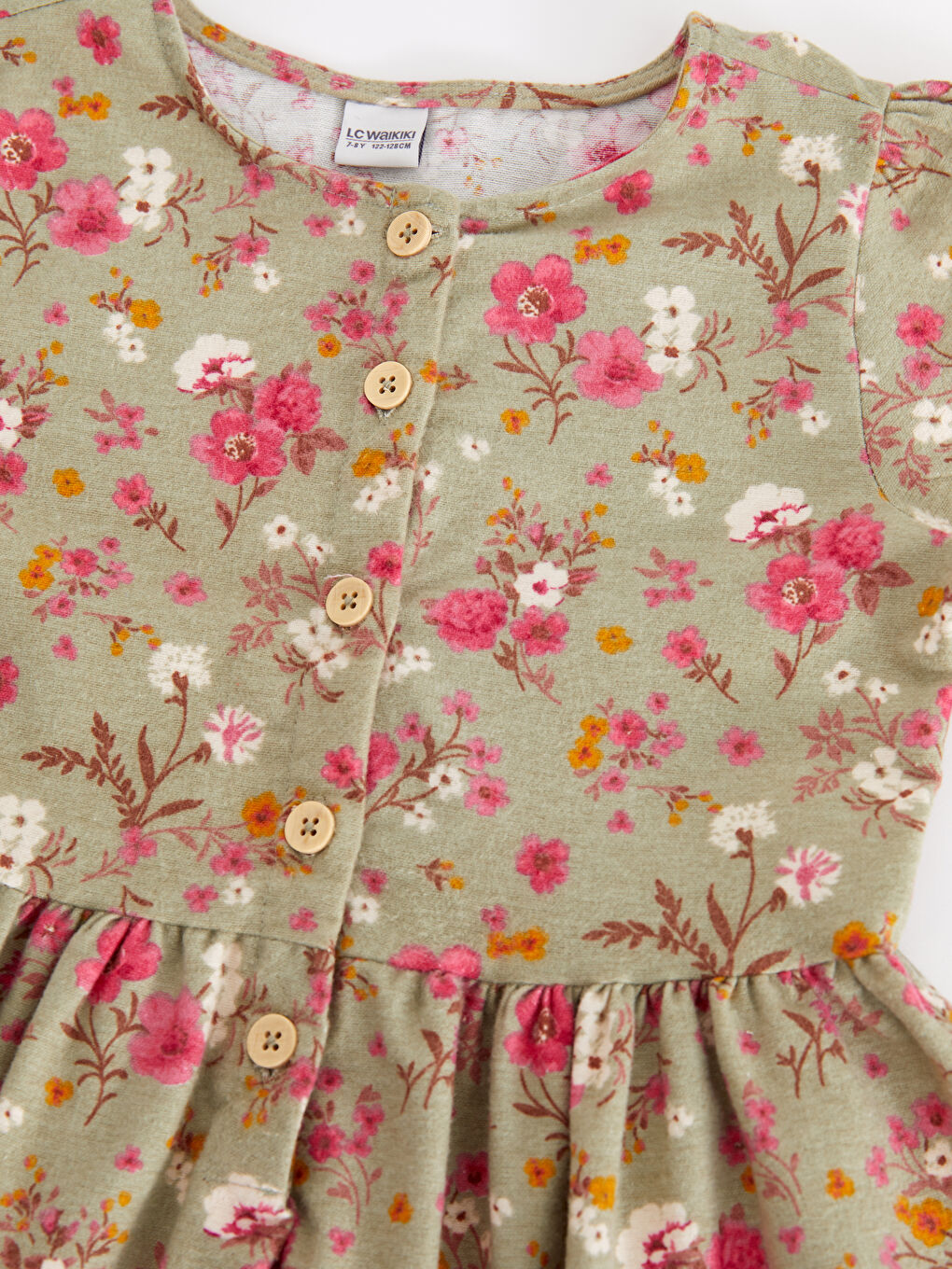 Yeşil Bisiklet Yaka Desenli Uzun Kollu Kız Çocuk Elbise-2