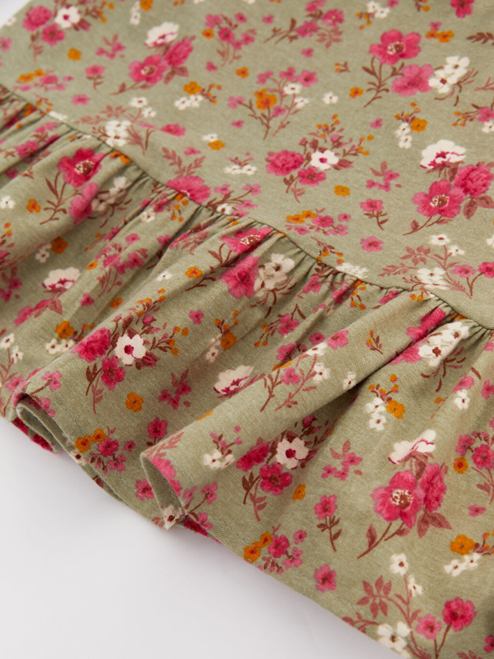 Yeşil Bisiklet Yaka Desenli Uzun Kollu Kız Çocuk Elbise-3