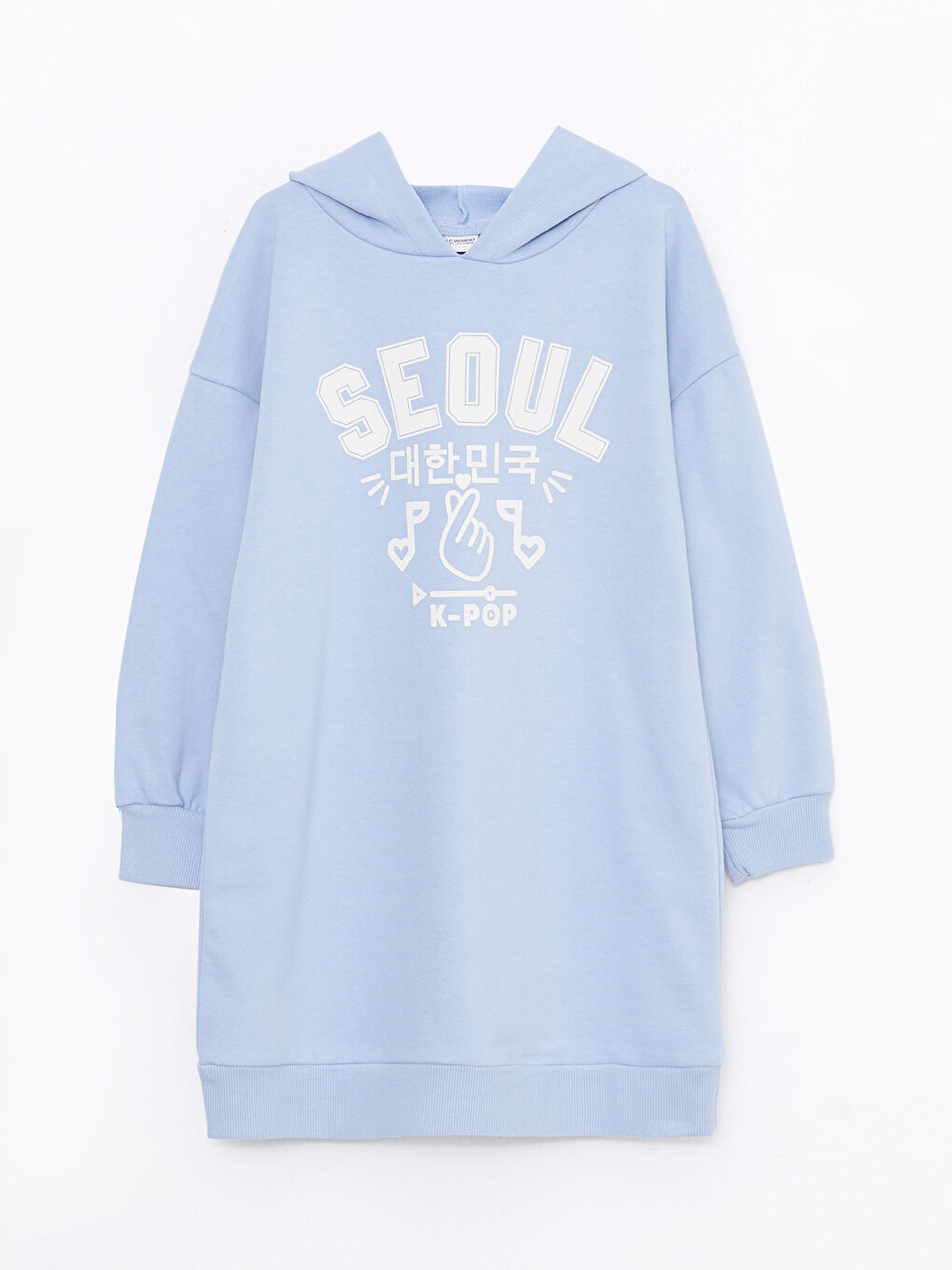 Mavi Kapüşonlu Baskılı Uzun Kollu Kız Çocuk Elbise