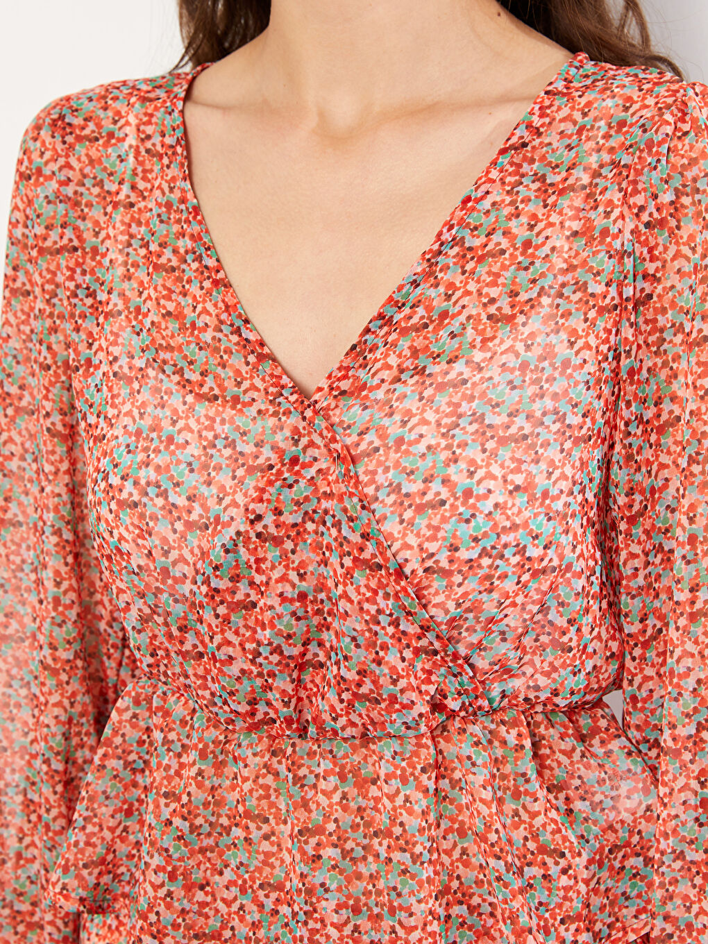 LCW Vision V Neck Patterned Long Sleeve Chiffon Women's Blouse -W2GP91Z8-LSR