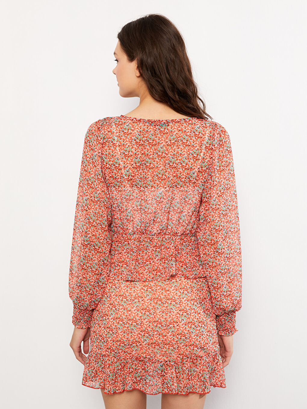 LCW Vision V Neck Patterned Long Sleeve Chiffon Women's Blouse -W2GP91Z8-LSR