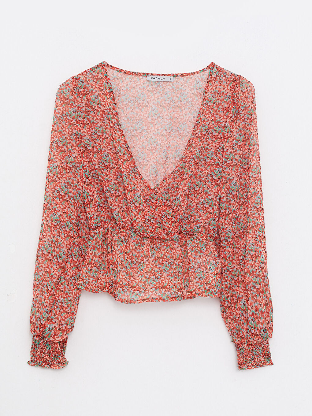 LCW Vision V Neck Patterned Long Sleeve Chiffon Women's Blouse -W2GP91Z8-LSR