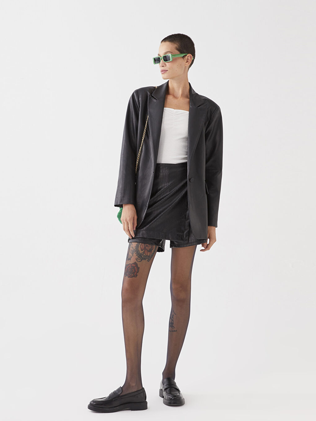 Siyah Düz Uzun Kollu Deri Görünümlü Kadın Ceket-3