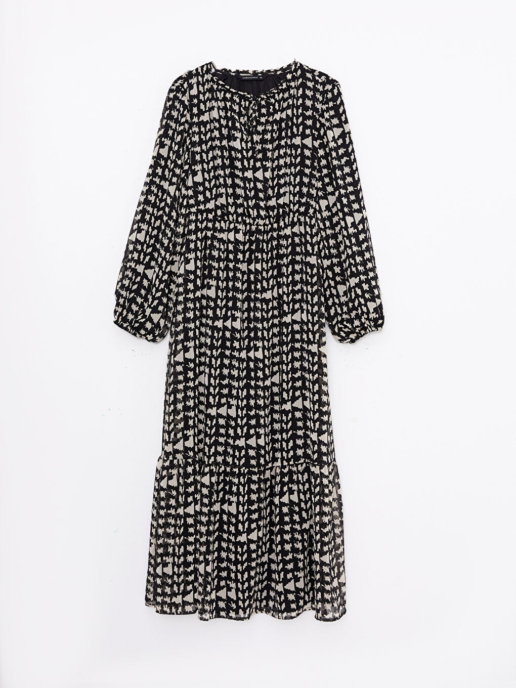 Siyah Bağlamalı Yaka Desenli Uzun Kollu Kadın Elbise-5