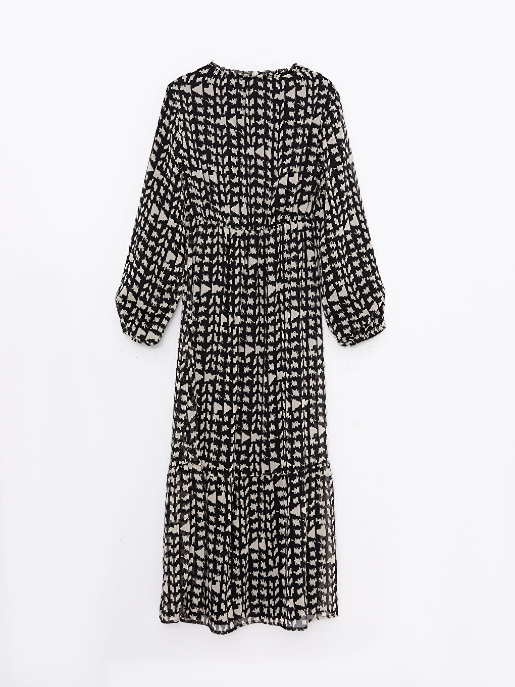 Siyah Bağlamalı Yaka Desenli Uzun Kollu Kadın Elbise-6