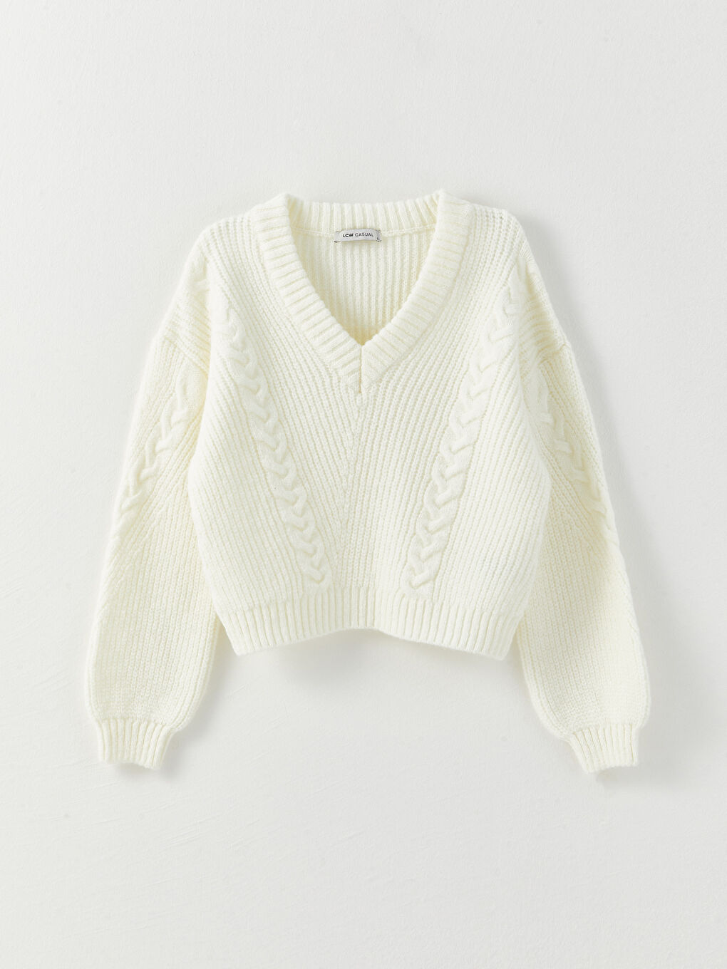 Ekru V Yaka Kendinden Desenli Uzun Kollu Kadın Triko Kazak-6