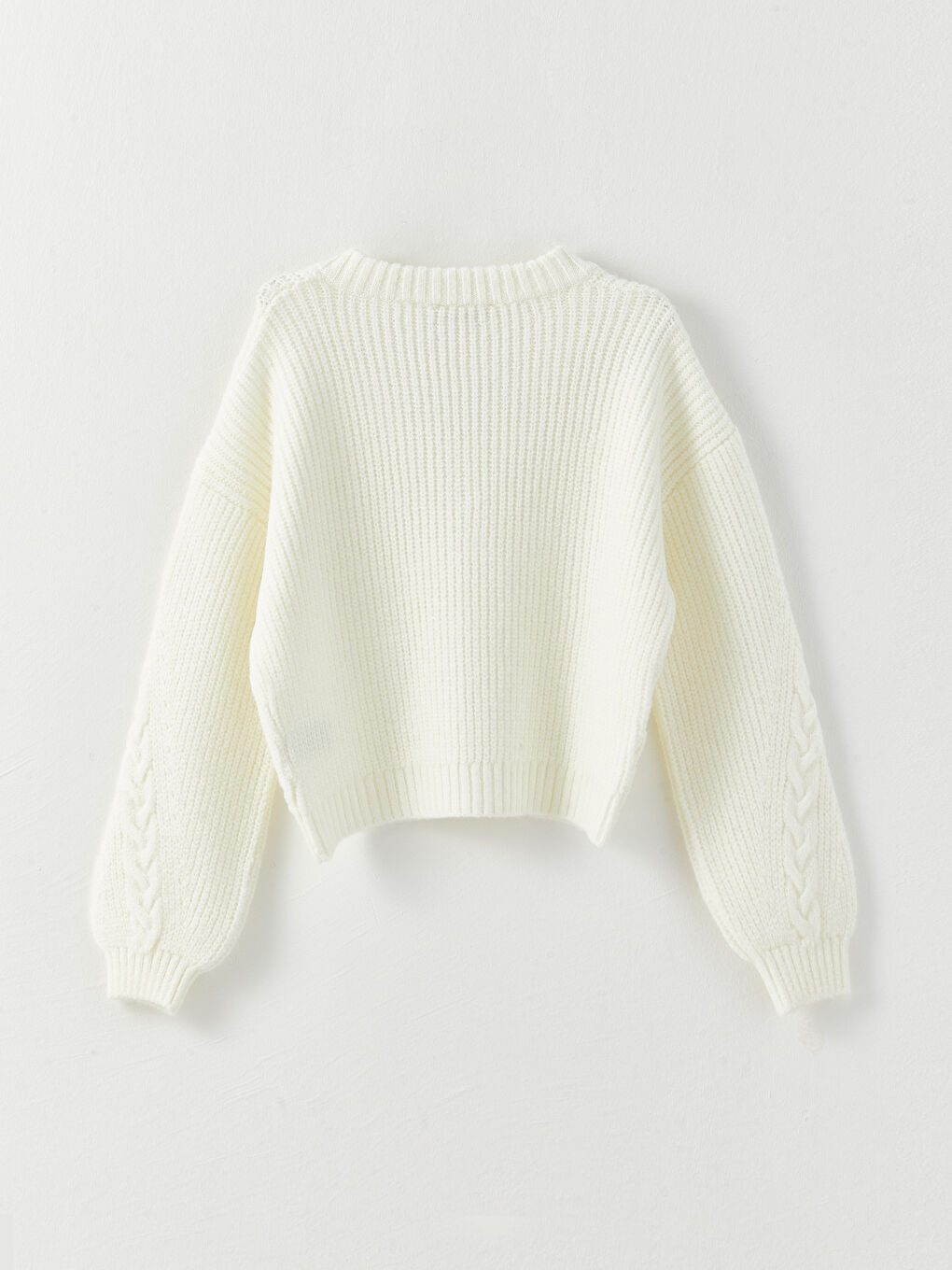 Ekru V Yaka Kendinden Desenli Uzun Kollu Kadın Triko Kazak-7