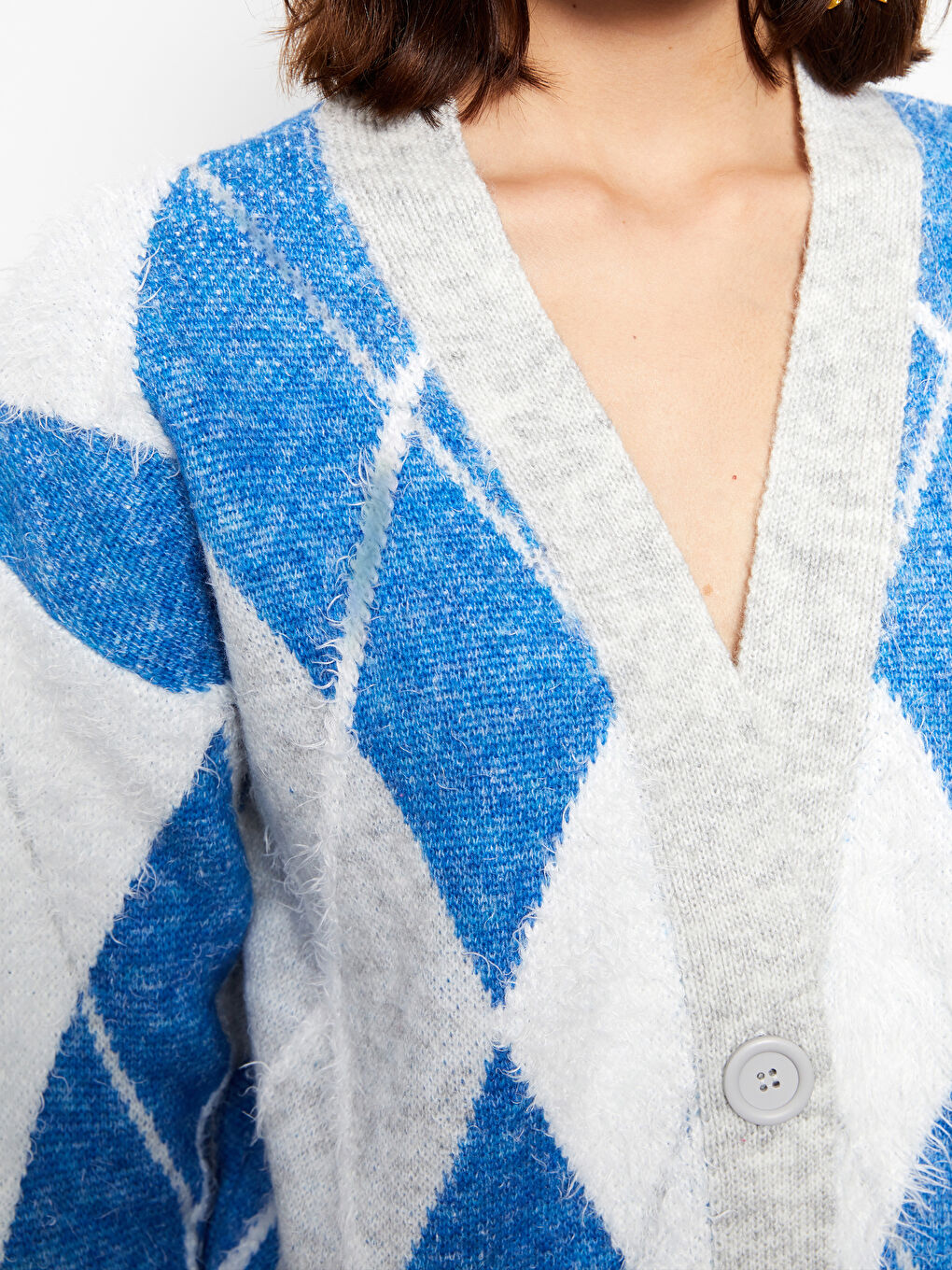 Mavi V Yaka Desenli Kadın Triko Hırka-3