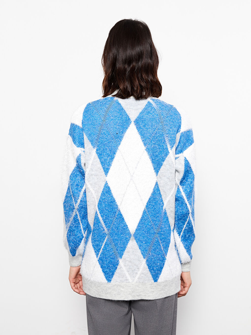 Mavi V Yaka Desenli Kadın Triko Hırka-4