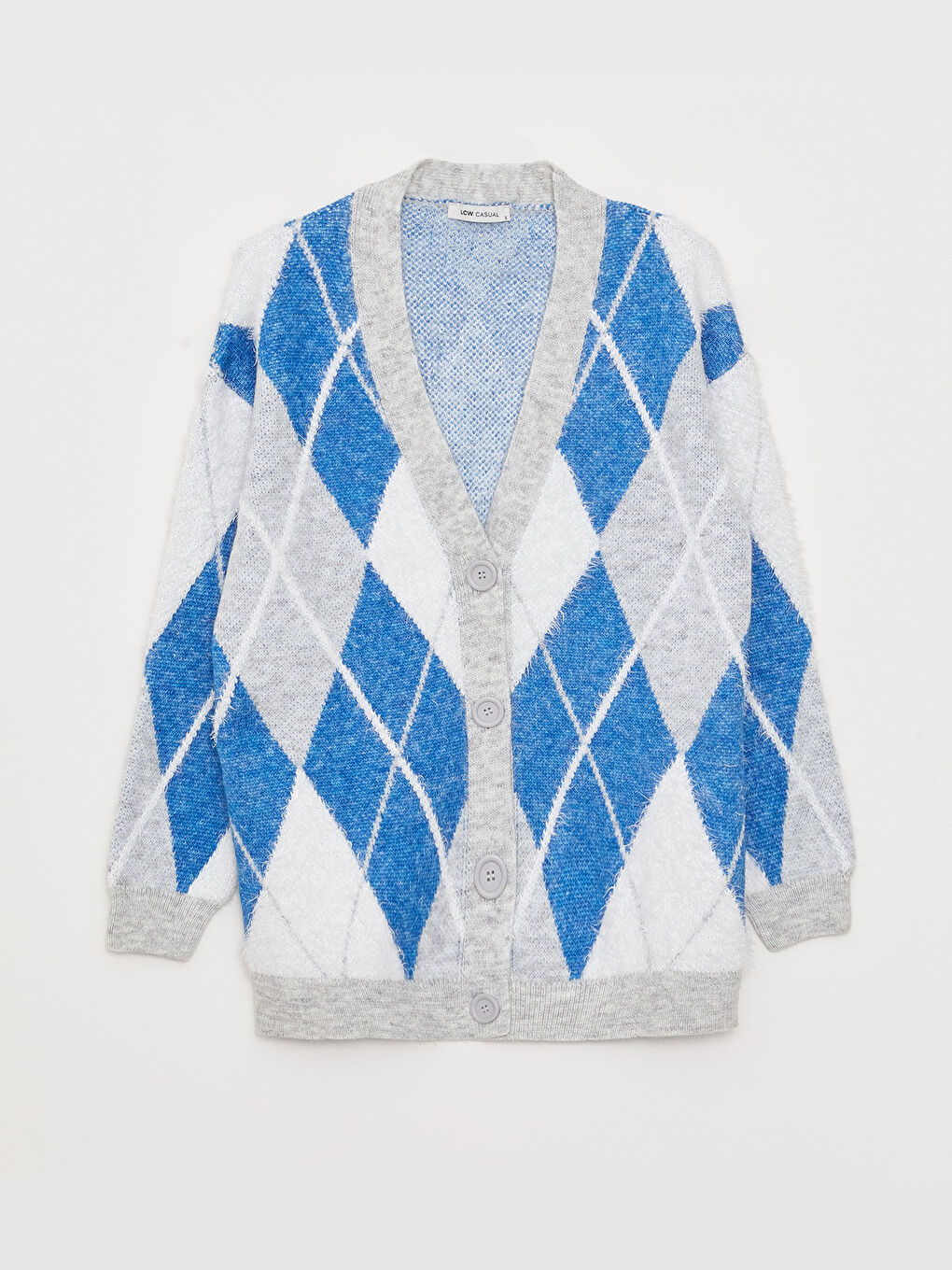 Mavi V Yaka Desenli Kadın Triko Hırka-5