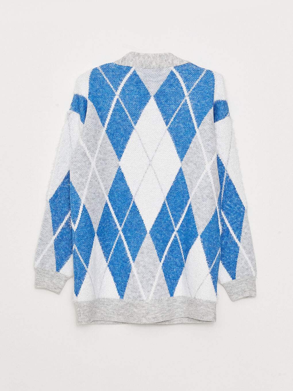 Mavi V Yaka Desenli Kadın Triko Hırka-6