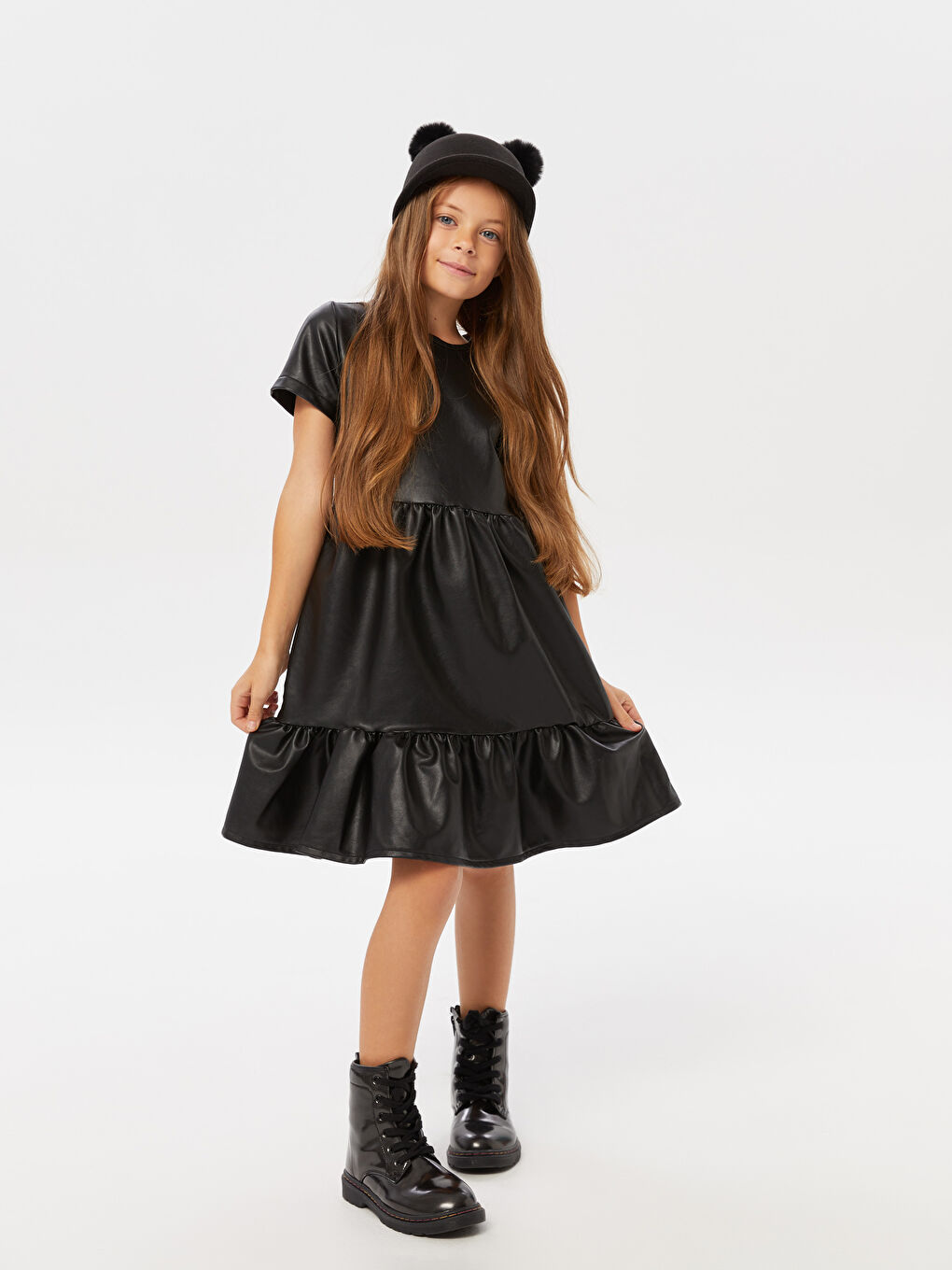 Siyah Bisiklet Yaka Basic Kısa Kollu Deri Görünümlü Kız Çocuk Elbise