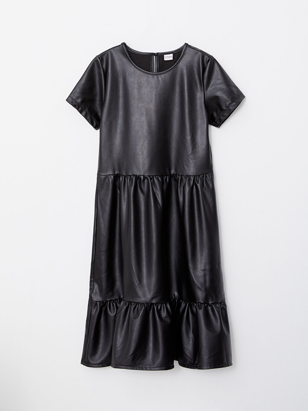 Siyah Bisiklet Yaka Basic Kısa Kollu Deri Görünümlü Kız Çocuk Elbise-3