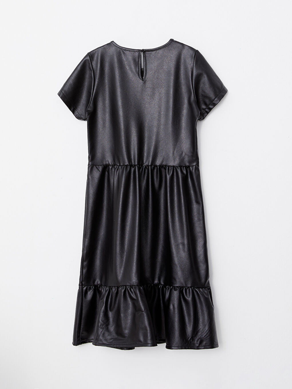 Siyah Bisiklet Yaka Basic Kısa Kollu Deri Görünümlü Kız Çocuk Elbise-4