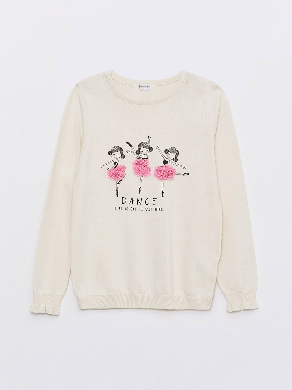 Ekru Bisiklet Yaka Baskılı Uzun Kollu Kız Çocuk Triko Kazak