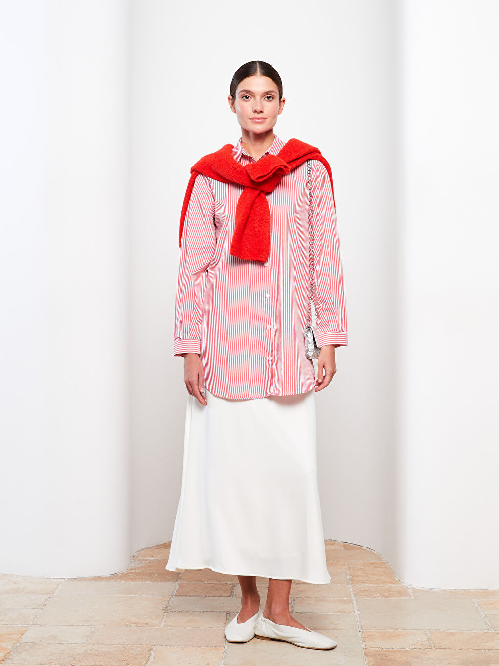 Kırmızı Düz Uzun Kollu Kadın Gömlek Tunik