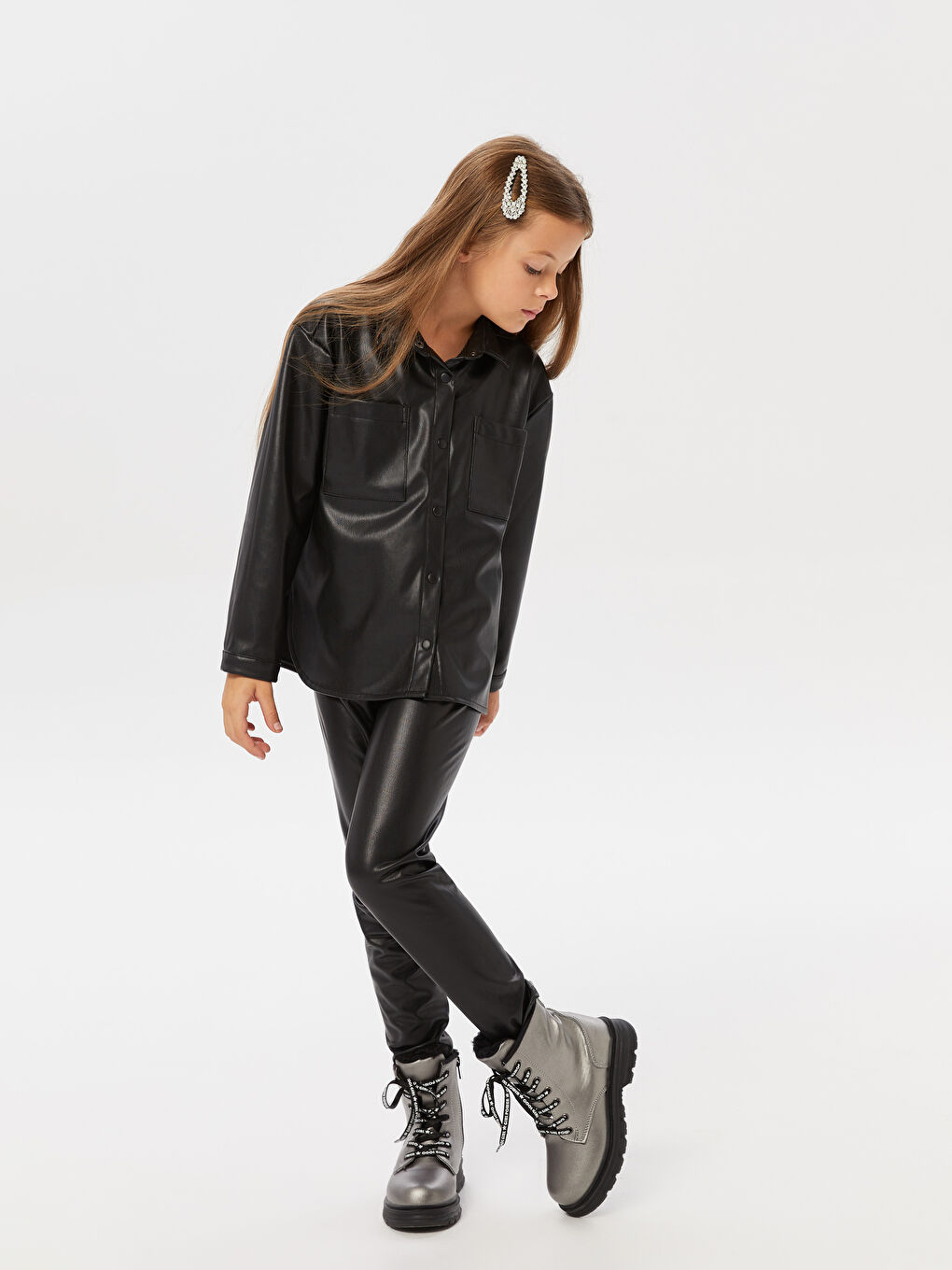 Siyah Beli Lastikli Basic Deri Görünümlü Kız Çocuk Tayt