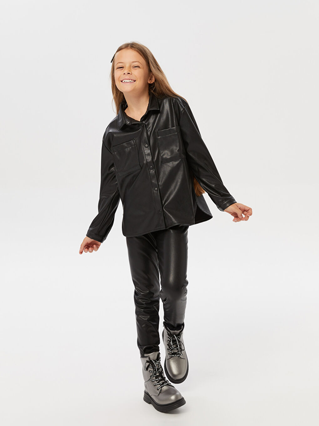 Siyah Beli Lastikli Basic Deri Görünümlü Kız Çocuk Tayt-1