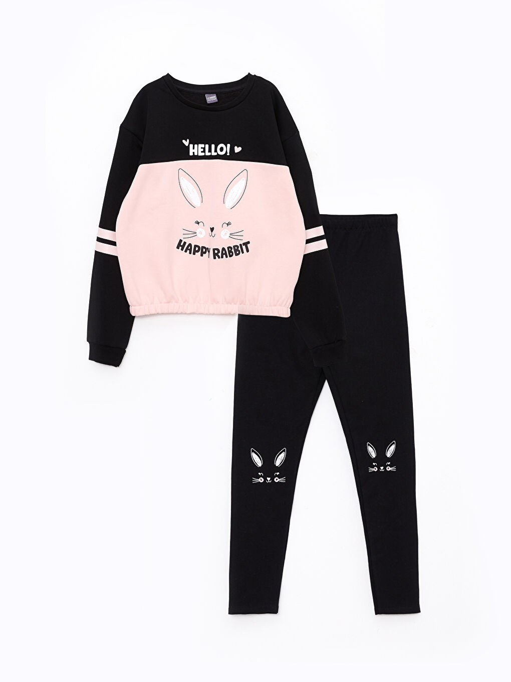 Siyah Bisiklet Yaka Baskılı Uzun Kollu Kız Çocuk Sweatshirt ve Tayt