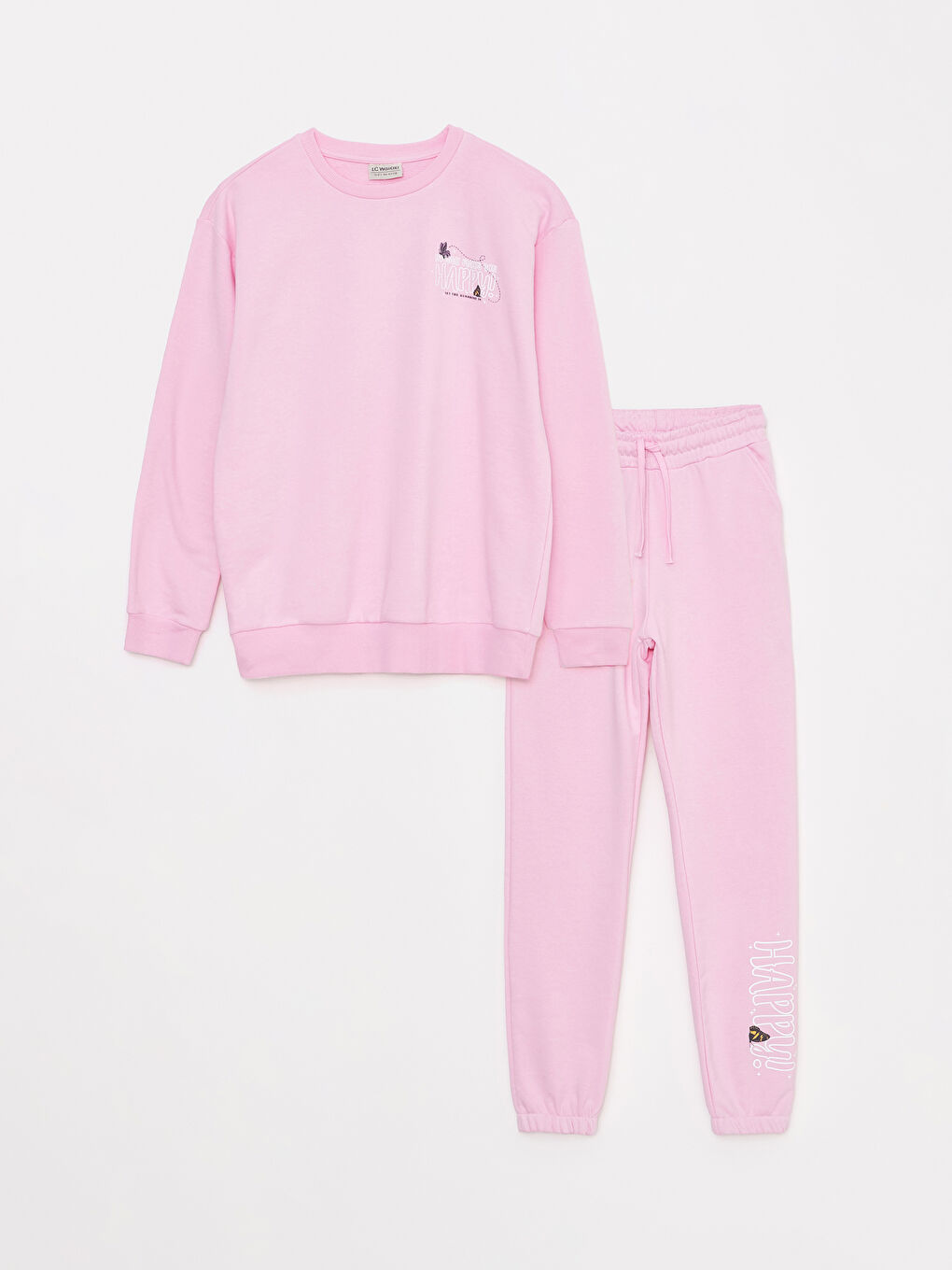 LCW Kids Pembe Bisiklet Yaka Baskılı Uzun Kollu Kız Çocuk Sweatshirt ve Eşofman Altı