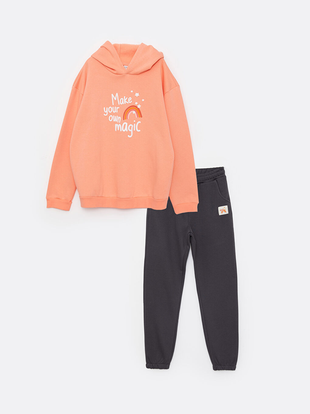 Mercan Kapüşonlu Baskılı Uzun Kollu Kız Çocuk Sweatshirt ve Eşofman Altı