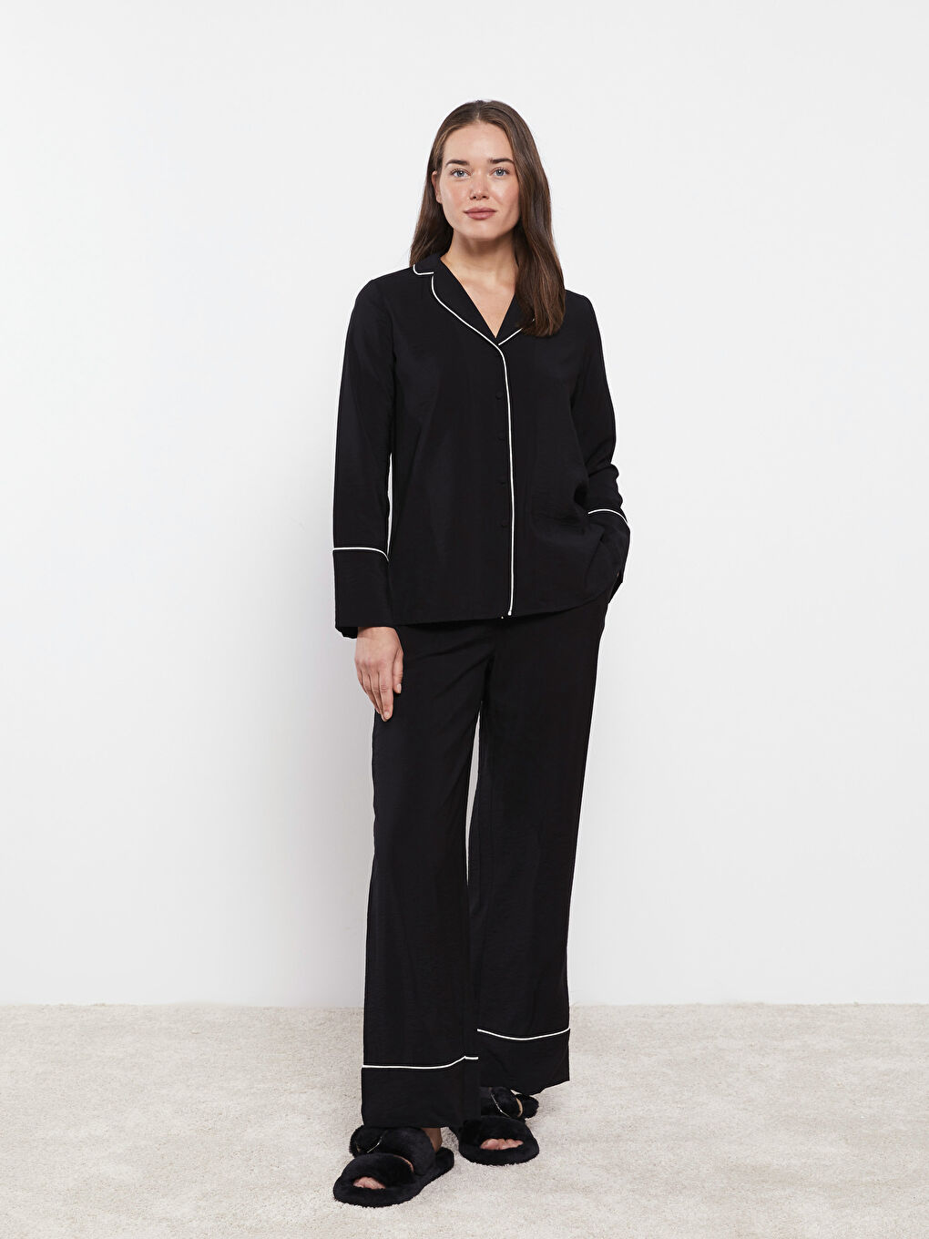 LC Waikiki Collared Neck Plain Long Sleeve Women's Pyjama Set -W2GS63Z8-CVL