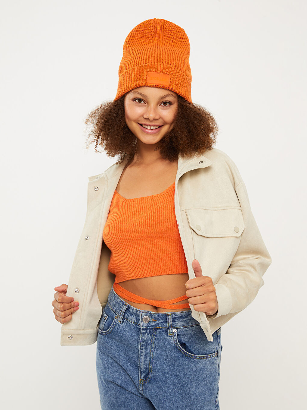 Bej Dik Yaka Kadın Deri Görünümlü Mont-1