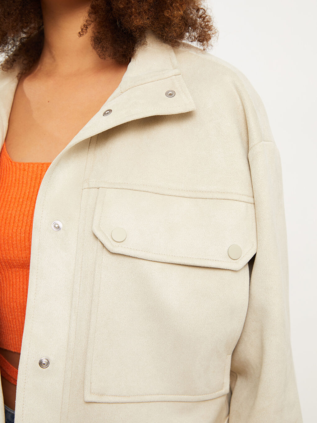 Bej Dik Yaka Kadın Deri Görünümlü Mont-3