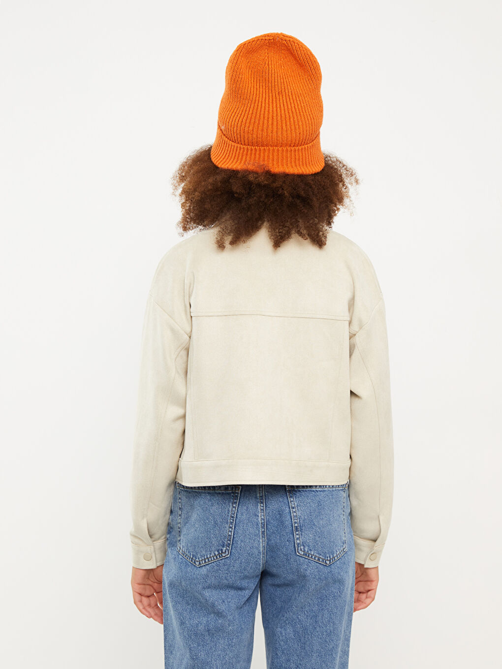 Bej Dik Yaka Kadın Deri Görünümlü Mont-4