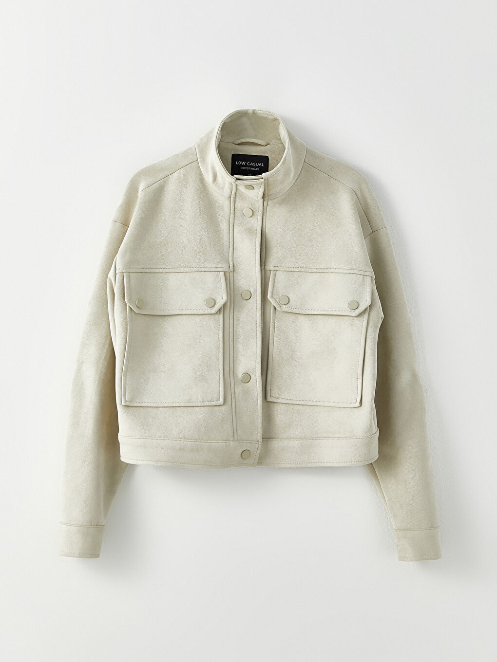 Bej Dik Yaka Kadın Deri Görünümlü Mont-5