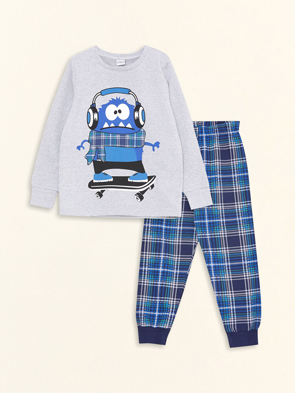 Gri Bisiklet Yaka Baskılı Uzun Kollu Erkek Çocuk Pijama Takımı