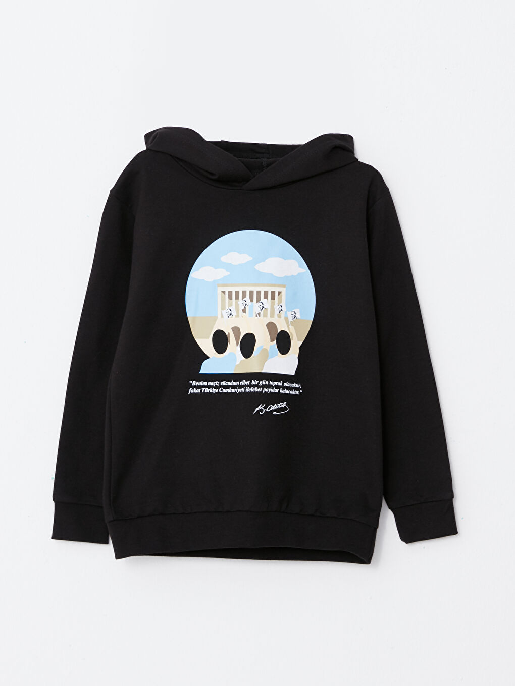 Siyah Kapüşonlu Atatürk Temalı Uzun Kollu Erkek Çocuk Sweatshirt