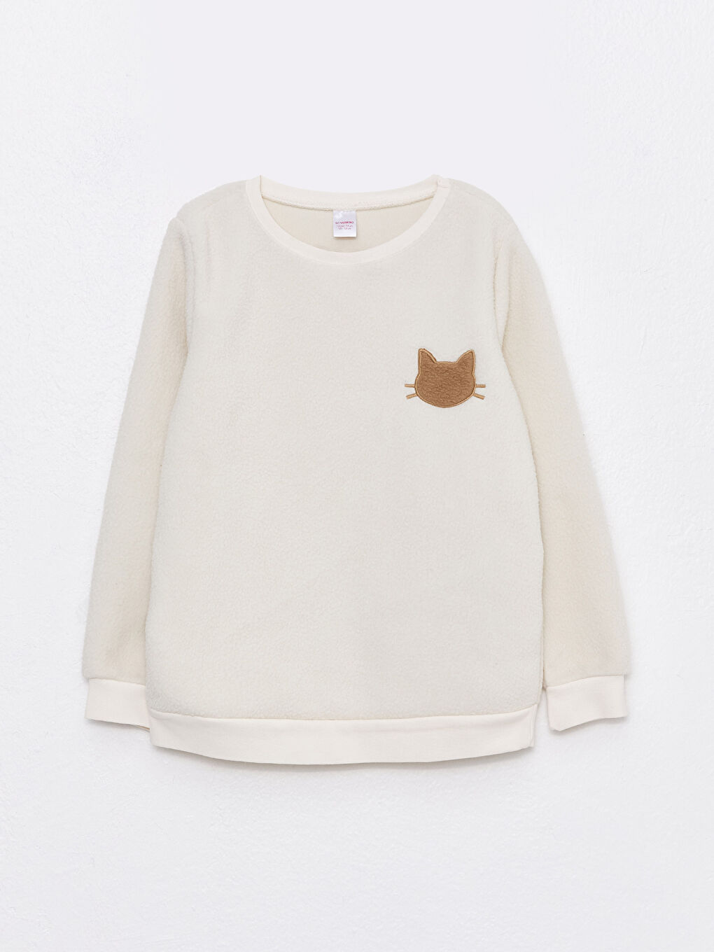 Bej Bisiklet Yaka Nakışlı Uzun Kollu Polar Kız Çocuk Pijama Takımı-1