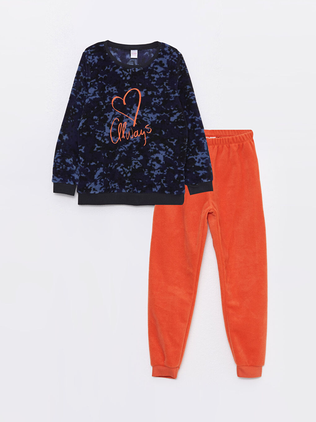 Lacivert Bisiklet Yaka Baskılı Uzun Kollu Polar Kız Çocuk Pijama Takımı