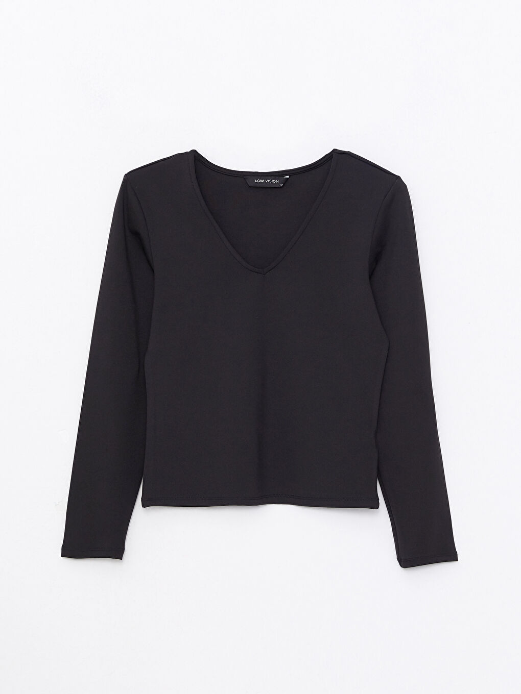 Siyah V Yaka Düz Uzun Kollu Kadın Tişört-5