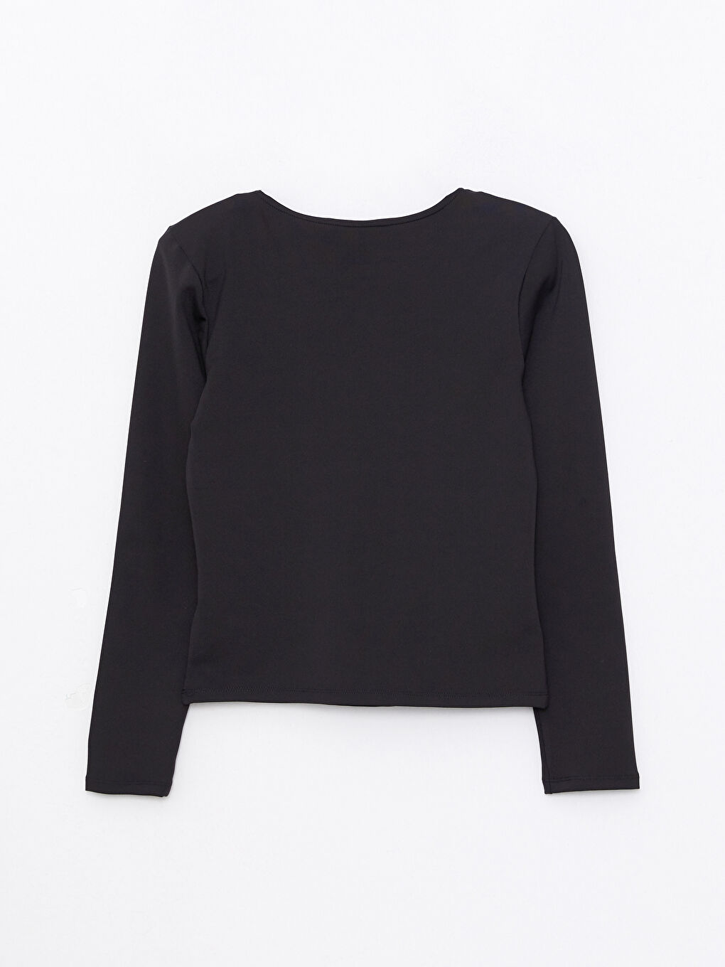 Siyah V Yaka Düz Uzun Kollu Kadın Tişört-6