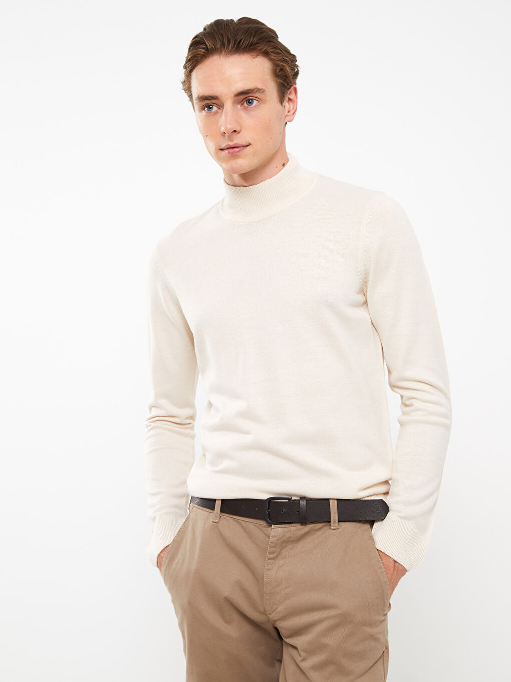 Ekru Yarım Balıkçı Yaka Uzun Kollu Erkek Triko Kazak-3