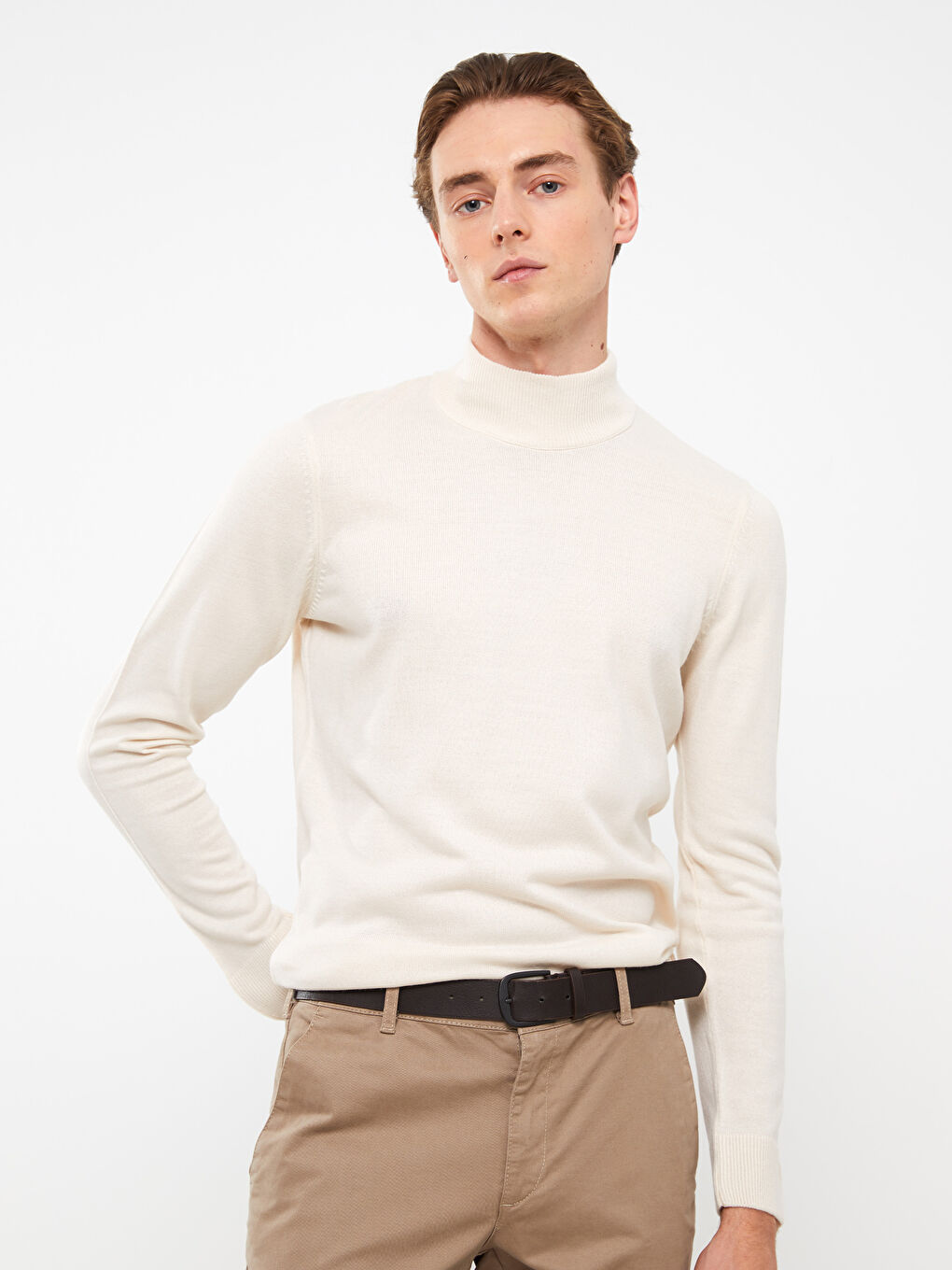 Ekru Yarım Balıkçı Yaka Uzun Kollu Erkek Triko Kazak-9