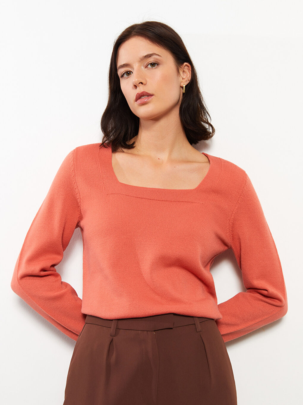 Pembe Kare Yaka Düz Uzun Kollu Kadın Triko Kazak-1