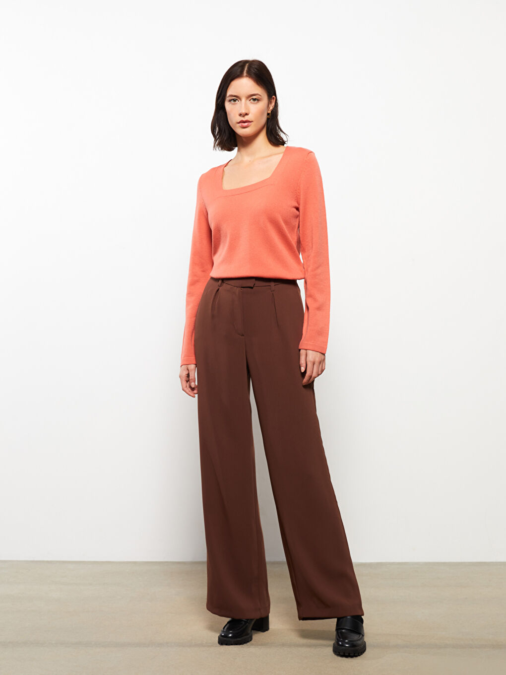 Pembe Kare Yaka Düz Uzun Kollu Kadın Triko Kazak-2