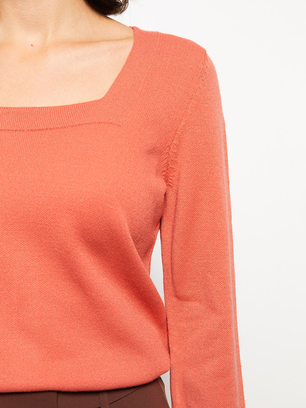 Pembe Kare Yaka Düz Uzun Kollu Kadın Triko Kazak-3