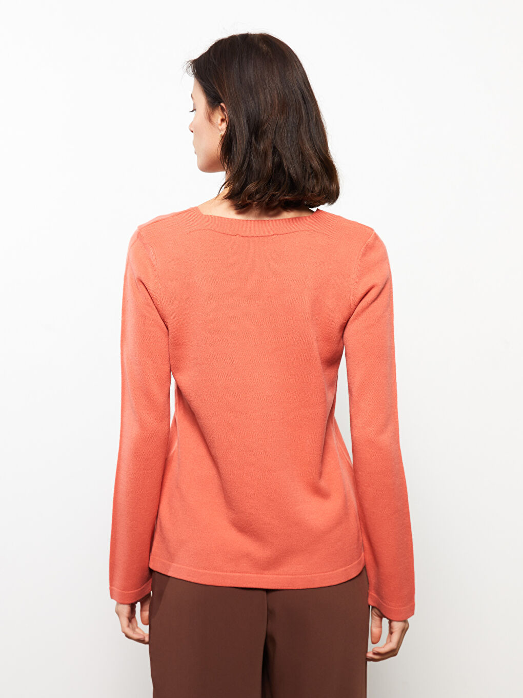 Pembe Kare Yaka Düz Uzun Kollu Kadın Triko Kazak-4