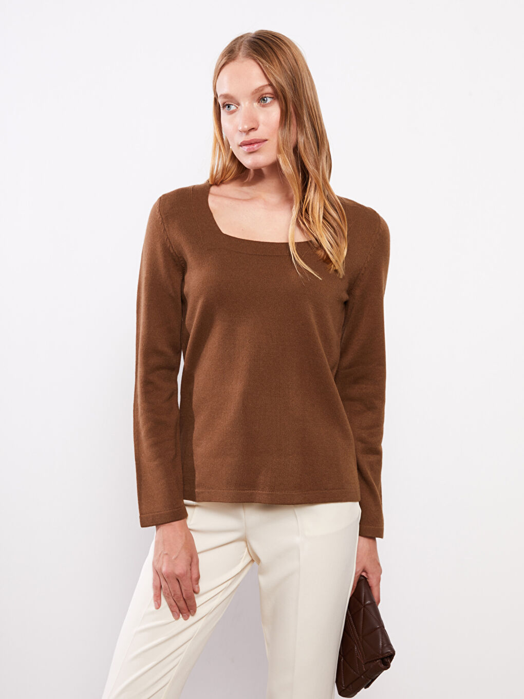 Свитер из трикотажа с квадратным воротником и длинным рукавом для женщин-1