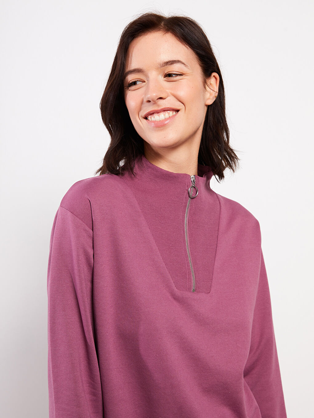 Funnel Neck Plain Long Sleeve Women's Sweatshirt